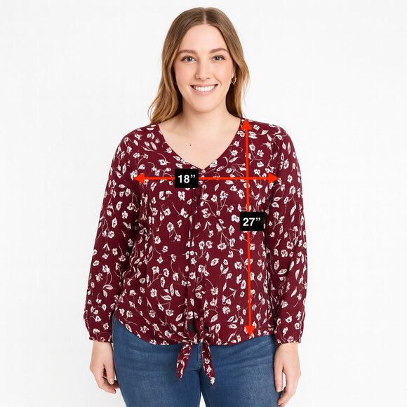 Beacon Red White Floral Blouse Long Sleeve Women's Top Size Medium - Picture 2 of 6